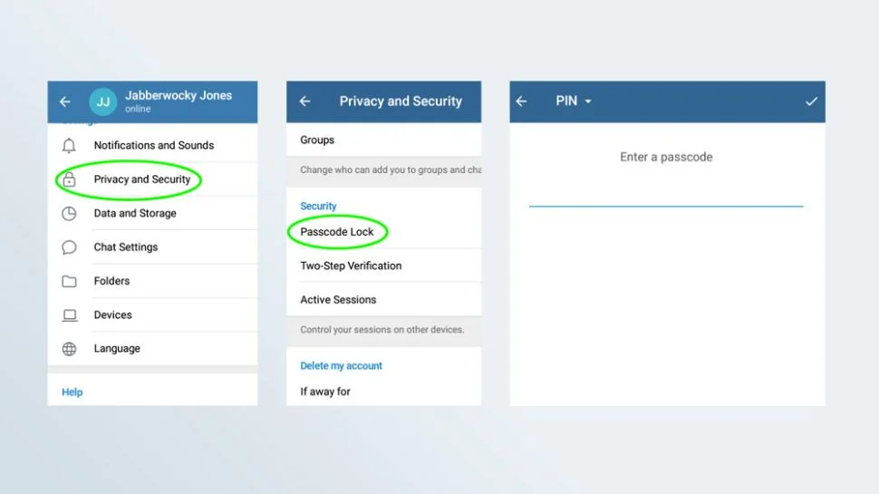 alt AoxVPN Screenshots of the passcode-lock steps in the Telegram Android app.